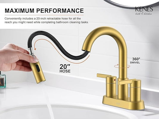 KENES Brushed Gold Centerset Bathroom Faucet with Pull Out Sprayer, 4 Inch 2 Handle Pull Down Bathroom Faucet 3 Hole, Bathroom Sink Faucet with Pop Up Drain & Supply Lines LJ-9069-4