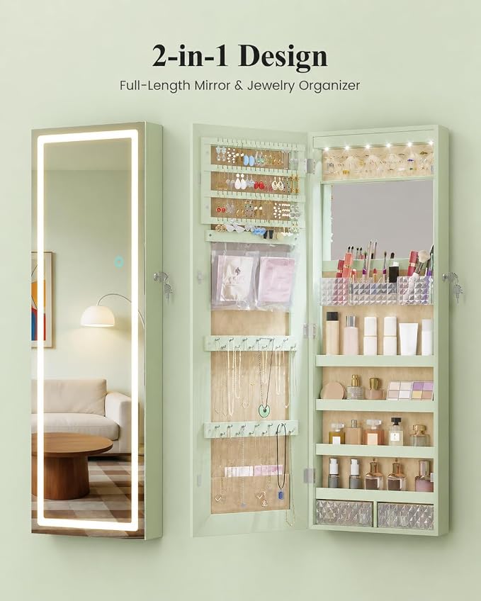 LVSOMT 42.5" Wall Mounted Jewelry Organzier with LED Mirror, Green | Lockable Jewelry Cabinet for 30 Ring Slots, 96 Earring and 20 Necklace Hooks, Gift for Women, Girls