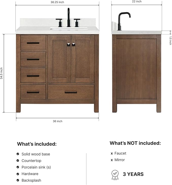 ARIEL Cambridge 36-inch Bathroom Vanity with Sink,Solid Wood, 1.5-inch Carrara White Quartz Countertop, Single Rectangular Porcelain Sink, 2 Soft Closing Doors, 5 Dovetail Drawers, Brown Oak