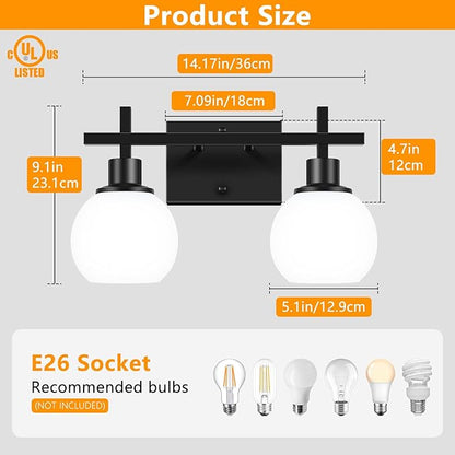 2-Light Black Bathroom Lighting Fixtures Over Mirror,Modern Vanity Lighting Fixtures,Bathroom Wall Mounted Vanity Light with Milky White Glass Lampshade for Living Room，Bedroom，Hallway