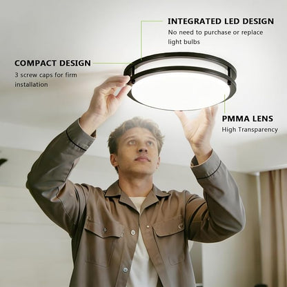 Black Flush Mount LED Ceiling Light Fixture, 13 inch 3000K/4000K/5000K Adjustable Ceiling Lights, Metal Frame Tri-Color Dimmable Lighting for Living Room Bedroom Hallway Bathroom or Kitchen