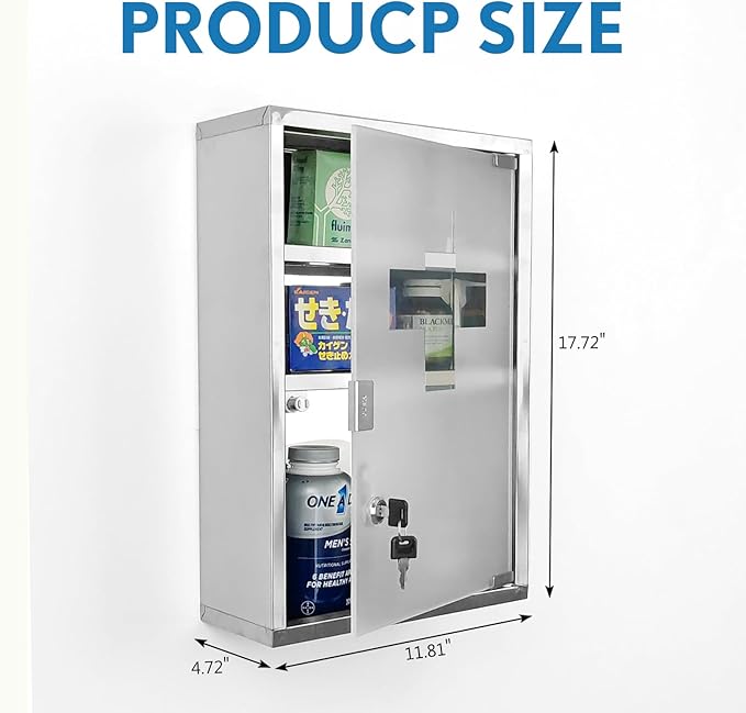 Locking Stainless Steel Medicine Cabinet, 3 Tier Wall Mounted Storage Cabinet, Durable Stainless Steel, Surface or Flush Mount, Ideal for Home, Office or First Aid, 11.8 * 4.7 * 17.7