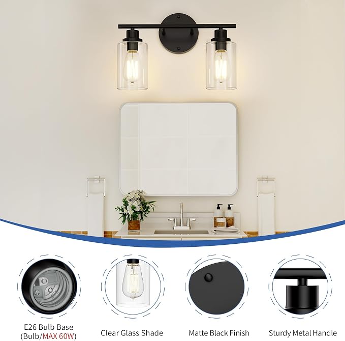 GORDNWE Modern Vanity Light - 2 Lights Matte Black Wall Light Fixtures | E26 Bulb Base, Clear Glass Shade, Over Mirror, Farmhouse Style