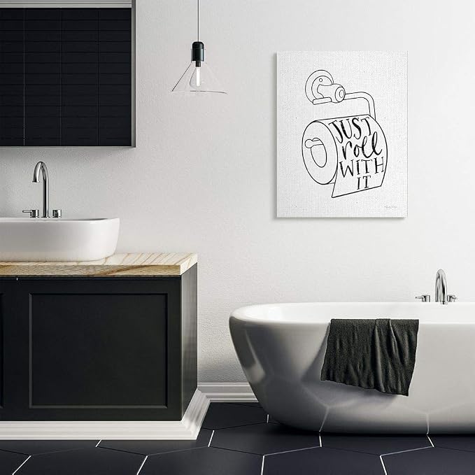 Bathroom Humor Comic Phrase, 30 x 40 Inch Canvas Wall Art | Stupell Industries · By Becky Thorns · Ready to hang · Fun gift for bath and laundry spaces · Made in USA