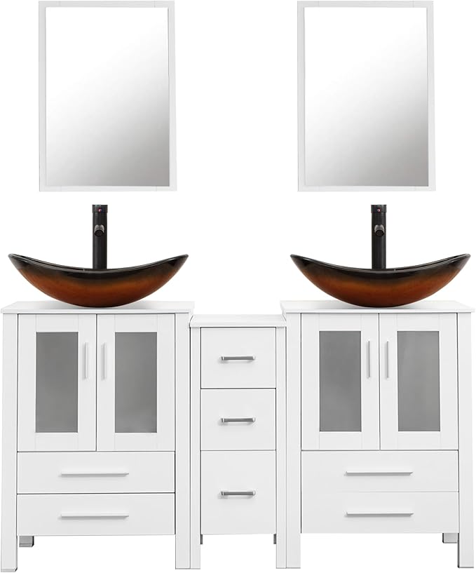 UEV 60" Double Sink Bathroom Vanity,White Bathroom Vanity with Double Side Vanity Cabinets & Removable 3 Drawer Storage Cabinet with Vessel Sink,Mirror Not Included(029BR)