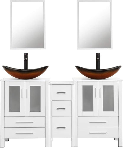 UEV 60" Double Sink Bathroom Vanity,White Bathroom Vanity with Double Side Vanity Cabinets & Removable 3 Drawer Storage Cabinet with Vessel Sink,Mirror Not Included(029BR)