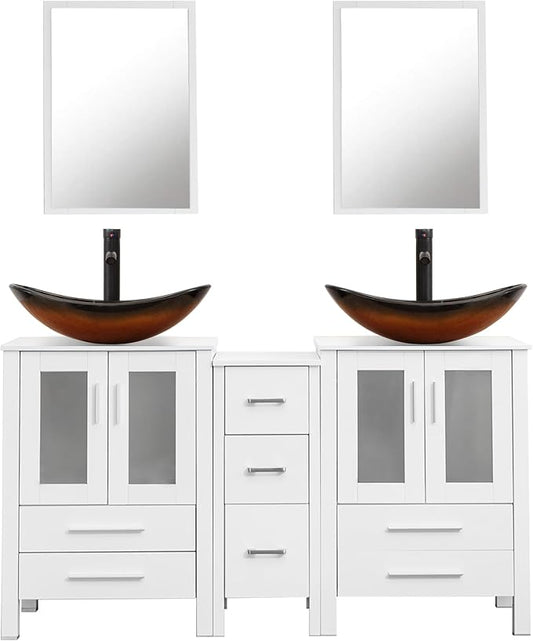 UEV 60" Double Sink Bathroom Vanity,White Bathroom Vanity with Double Side Vanity Cabinets & Removable 3 Drawer Storage Cabinet with Vessel Sink,Mirror Not Included(029BR)