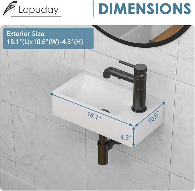 Wall Mount Bathroom Sink 18"x 10" Floating Bathroom Vessel Sink | Rectangular Wall Mount Ceramic Sink Wall Hung Bathroom Lavatory Wash Hand Basin Floating Wall Hung Sinks