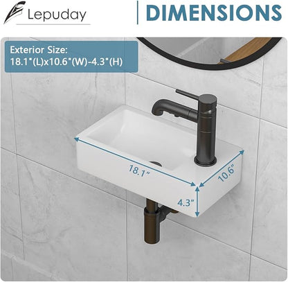 Wall Mount Bathroom Sink 18"x 10" Floating Bathroom Vessel Sink | Rectangular Wall Mount Ceramic Sink Wall Hung Bathroom Lavatory Wash Hand Basin Floating Wall Hung Sinks