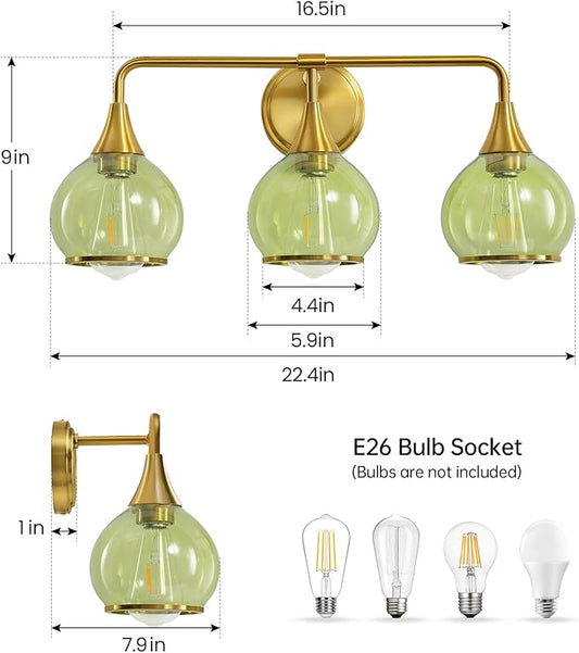 Brushed Gold Bathroom Vanity Light 3-Lights Bathroom Light Fixtures Over Mirror with Green Clear Glass Shade 22.4 inch Wall Sconce Lighting Bath(Exclude E26 Bulb)