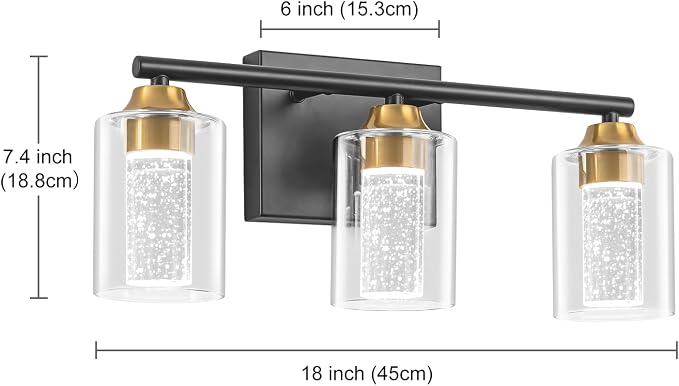 3-Light Black & Gold Bathroom Vanity Light with 3 Color Modes (3000K/4000K/6000K), Dimmable Modern Wall Light Over Mirror with Clear Glass Shade