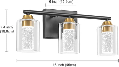 3-Light Black & Gold Bathroom Vanity Light with 3 Color Modes (3000K/4000K/6000K), Dimmable Modern Wall Light Over Mirror with Clear Glass Shade
