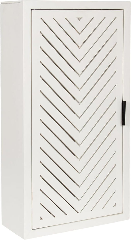 Kate and Laurel Mezzeta Decorative Modern One-Door Floating Bathroom Cabinet, 15 x 7 x 28, White, Decorative Over Toilet Storage Cabinet Made from Solid Mango Wood with Slatted Chevron Design