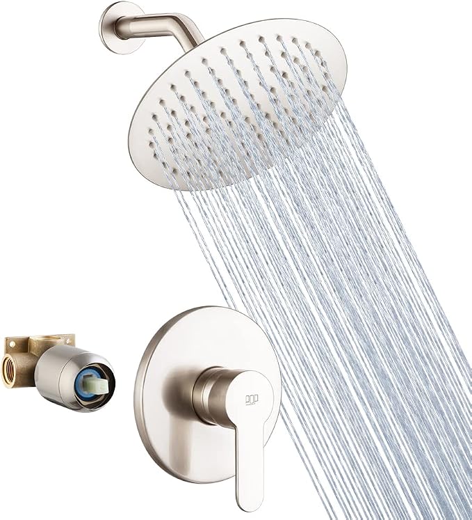 Shower Faucet Set Brushed Nickel Bathroom Rainfall Shower System Wall Mounted 8" Inch Shower Head and Handle Set Single Function Shower Trim Kit with Rough-in Valve
