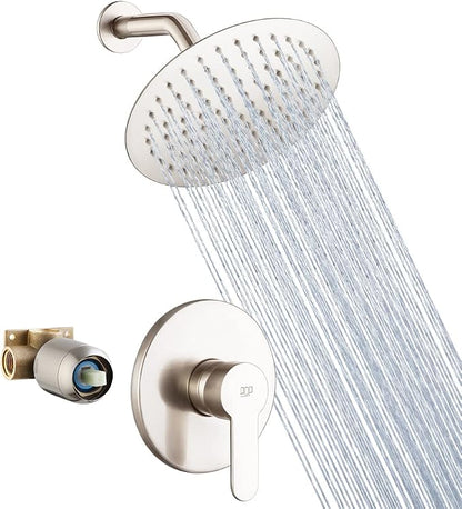 Shower Faucet Set Brushed Nickel Bathroom Rainfall Shower System Wall Mounted 8" Inch Shower Head and Handle Set Single Function Shower Trim Kit with Rough-in Valve