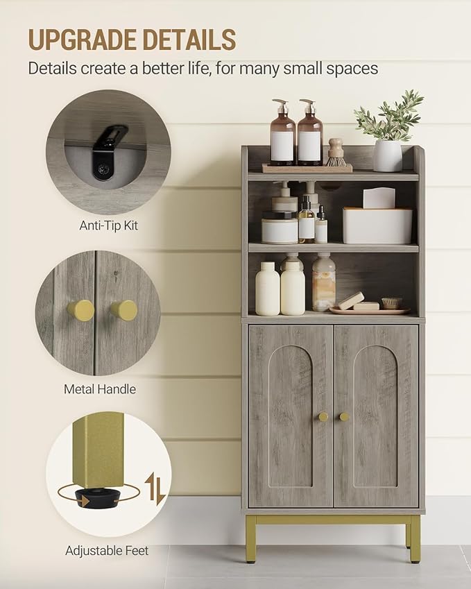 Hzuaneri Bathroom Storage Cabinet, Small Floor Cabinet with 2 Door | Toilet Paper Cabinets, Bathroom Organizer with Adjustable Shelf, for Small Spaces, Greige, Arch Door,7.1" Dx14.6 Wx32.7 H