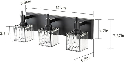 Black Crystal Bathroom Vanity Light 3-Light Modern Bathroom Lighting Fixtures Over Mirror, Black Wall Sconce Light Fixtures with Square Shade