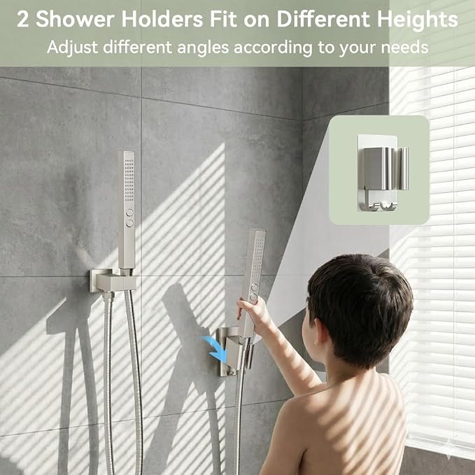 Shower System 12''Wall Mounted Shower Faucet Sets and 6 ''Wall Mounted Shower Head, Bostingner Diverter 5 Function Dual Shower System with 2 in 1 Shower Handheld Brushed Nickel