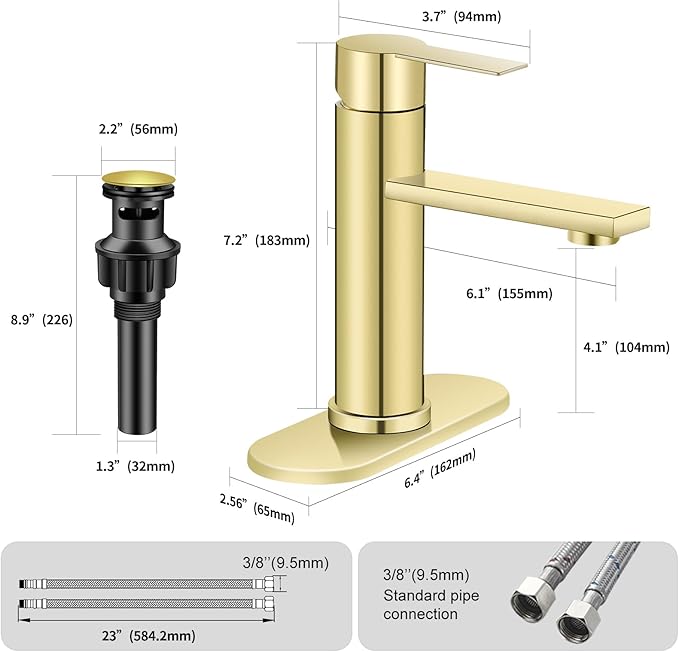 Bathroom Faucet Single Hole Single Handle Vanity Modern Sink RV Faucet with Pop-up Drain for 1 - or 3 Hole Bathroom Sink (Brushed Gold)