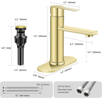 Bathroom Faucet Single Hole Single Handle Vanity Modern Sink RV Faucet with Pop-up Drain for 1 - or 3 Hole Bathroom Sink (Brushed Gold)