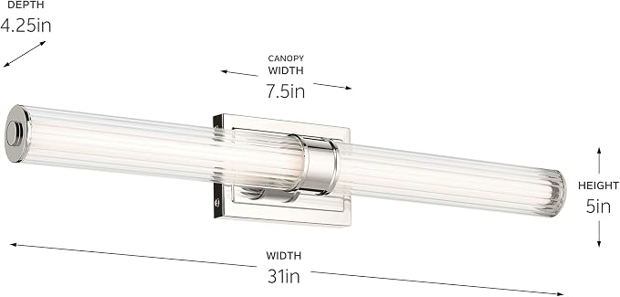 Kichler Laurene LED Linear Vanity Light, Polished Nickel | LED vanity light with clear fluted glass for mirrors, hallways and buffets (31" x 4.75"), 55197PNLED