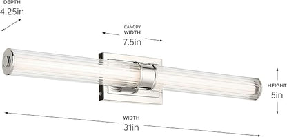 Kichler Laurene LED Linear Vanity Light, Polished Nickel | LED vanity light with clear fluted glass for mirrors, hallways and buffets (31" x 4.75"), 55197PNLED
