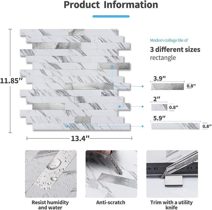 Art3d Faux Stone Peel & Stick Backsplash Tile, 10 pcs, Plain White Marble | PVC, Multi-Style Decor Sheets, Waterproof, Traceless Peel, No Wall Damage, Ideal for Kitchen