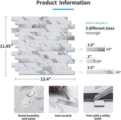 Art3d Faux Stone Peel & Stick Backsplash Tile, 10 pcs, Plain White Marble | PVC, Multi-Style Decor Sheets, Waterproof, Traceless Peel, No Wall Damage, Ideal for Kitchen