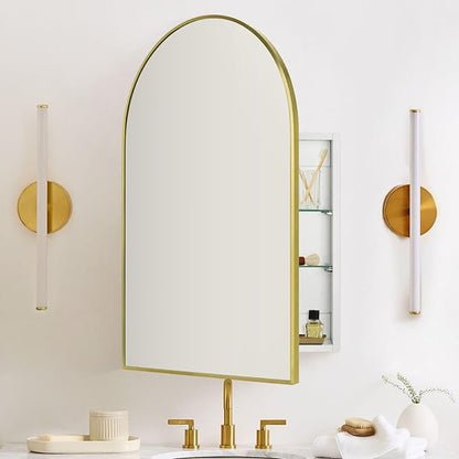 TEHOME 20 x 30'' Brush Gold Arched Bathroom Medicine Cabinet with Mirror Recessed and Surface Mount Medicine Cabinet Mirror