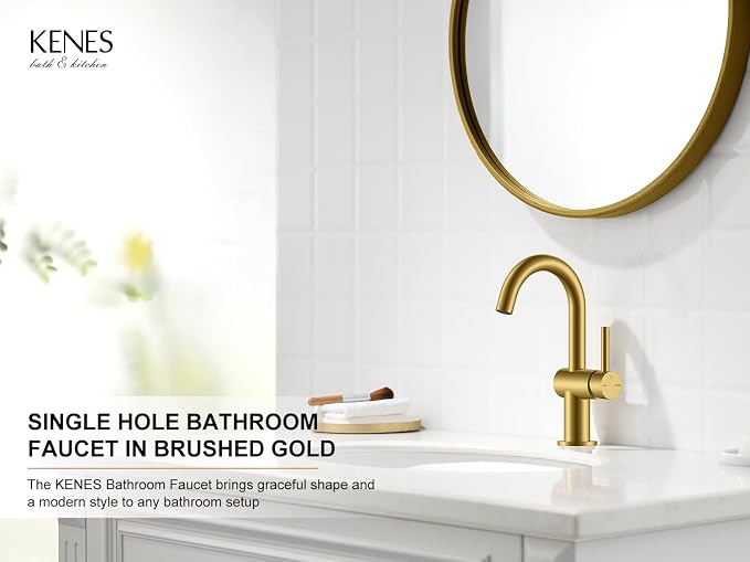 Brushed Gold Single Handle Bathroom Faucet, Single Hole Vanity Faucet | Bathroom Sink Faucet with Pop Up Drain & 6 Inch Deck Plate, Lead-Free cUPC & NSF Certified, 1 Handle Faucet for Vanity RV Bar