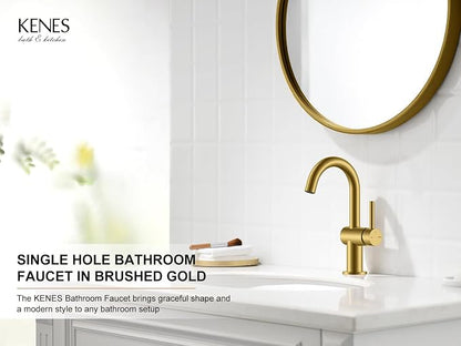 Brushed Gold Single Handle Bathroom Faucet, Single Hole Vanity Faucet | Bathroom Sink Faucet with Pop Up Drain & 6 Inch Deck Plate, Lead-Free cUPC & NSF Certified, 1 Handle Faucet for Vanity RV Bar