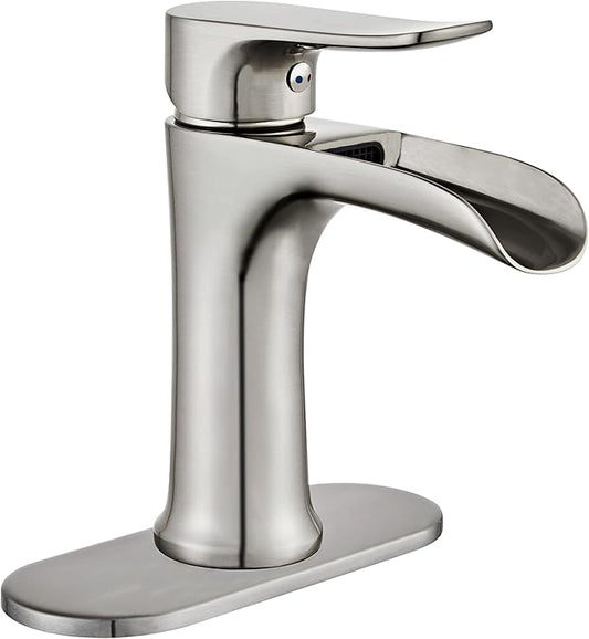 Yundoom Brushed Nickel Bathroom Faucet,Bathroom Sink Faucet,Waterfall Bathroom Faucet,Single Hole Or 3 Hole Bathroom Faucet with 4 Inch Deck Plate,Farmhouse Rv Brass Bathroom Faucet,BF01