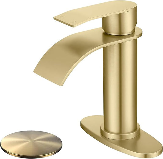 Brushed Gold Waterfall Bathroom Faucet Single Hole, Gold Bathroom Faucet for Sink 1 Hole with 6 in Deck Plate and Pop Up Drain and Supply Hose, Modern Bathroom Sink Faucet，SL5002BG