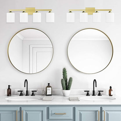 Quntis Gold Bathroom Light Fixtures 5 Colors Adjustable, 4-Light LED Bathroom Vanity Lighting with Milky White Frosted Glass Shade, Energy-Saving Light Over Mirror 28.3 inch