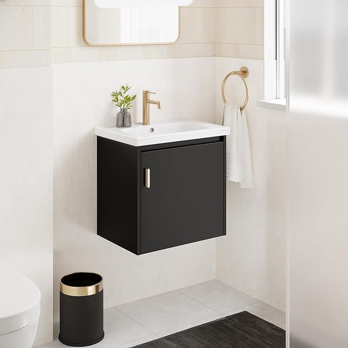 phiestina 20 Inch Floating Small Bathroom Vanity, Pre-Assembled Wall Mounted Black Cabinet with Soft-Close Door,Single Hole Ceramic Sink, Modern Space-Saving Design, No Faucet,BV04-20-PUREBLACK