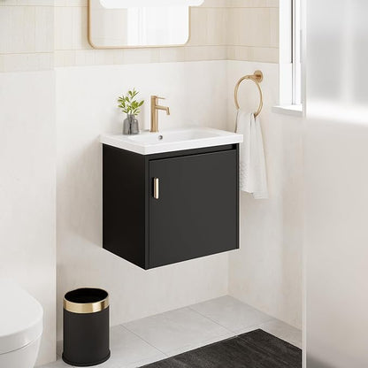 phiestina 20 Inch Floating Small Bathroom Vanity, Pre-Assembled Wall Mounted Black Cabinet with Soft-Close Door,Single Hole Ceramic Sink, Modern Space-Saving Design, No Faucet,BV04-20-PUREBLACK