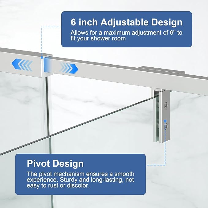 36-42" W x 72" H Semi Frameless Pivot Shower Door Brushed Nickel | 1/4"(6mm) SGCC Tempered Glass with Explosion-Proof Film &Nano Coating,Customizable Width
