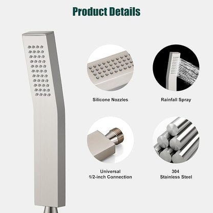 Heyalan Hand-held Shower Head Set-SUS304 Handheld Shower, Brushed Nickel | SUS304 stainless steel wand, curved-style design, single rain spray, 59-inch long hose and standard 1/2-inch connection
