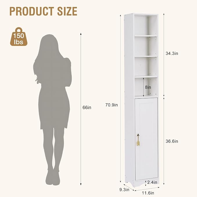 VECELO Narrow Tall Cabinet with Closed Door, 6 Adjustable Movable Shelves, Wood Space Saving Corner Storage Unit, Pearl White