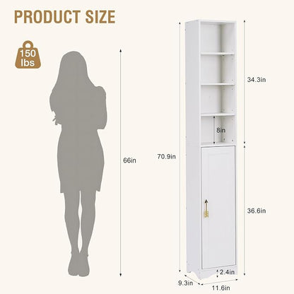 VECELO Narrow Tall Cabinet with Closed Door, 6 Adjustable Movable Shelves, Wood Space Saving Corner Storage Unit, Pearl White