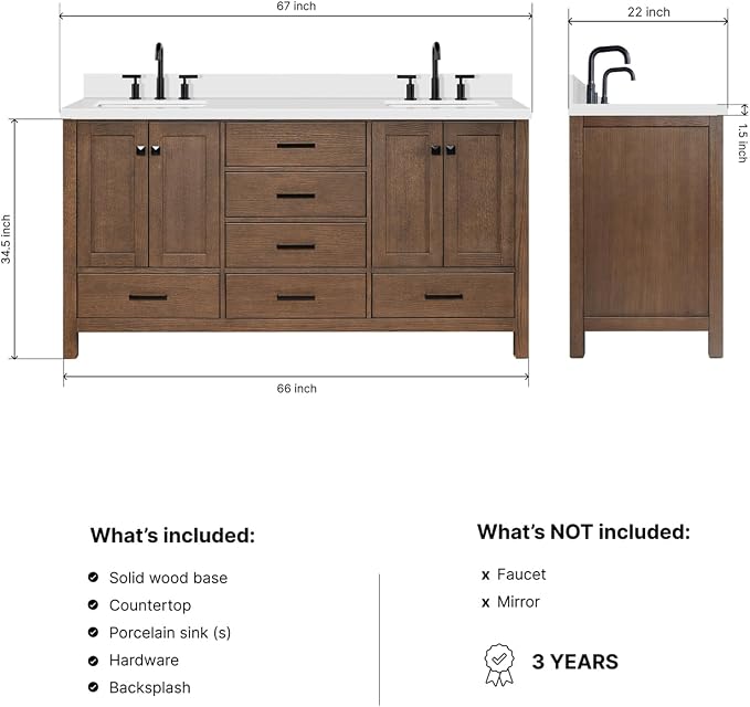 Beckford 66-Inch Brown Oak Double Bathroom Vanity with Sink, 1.5-Inch Edge Pure White Quartz Countertop & 4" Backsplash, Soft-Closing Doors & Drawers, Solid Oak Wood Construction