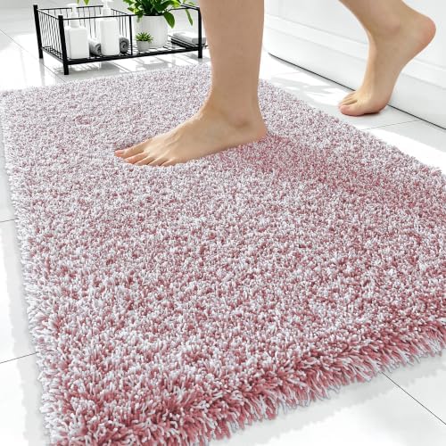 OLANLY Microfiber Bathroom Rugs 34x21, Quick Dry Mat, Deep Rose and White