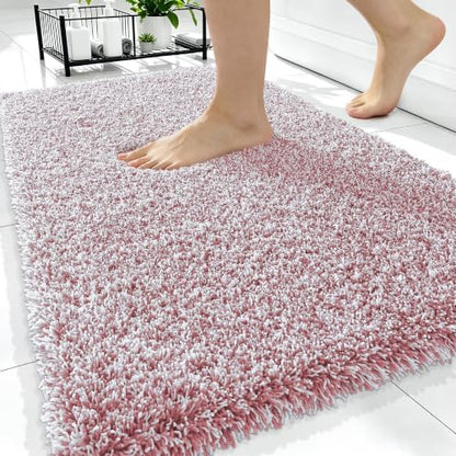 OLANLY Microfiber Bathroom Rugs 34x21, Quick Dry Mat, Deep Rose and White