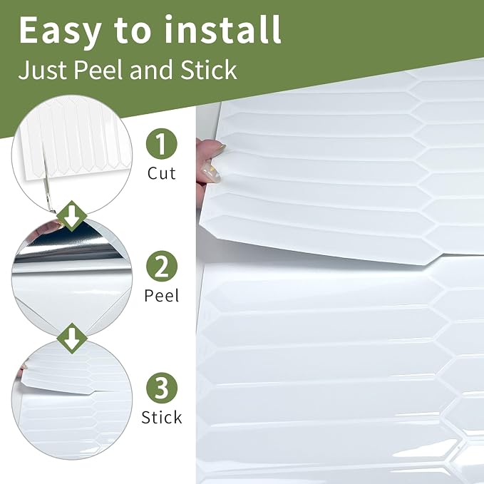 White Long Hexagon Tile Peel and Stick Backsplash, 10 Sheets Self-Adhesive Wall Tiles Stick on Back Splash for Kitchen, Bathroom, Fireplace,RV(12"×12") | Self-Adhesive Wall Tiles Stick on Back Splash for Kitchen, Bathroom, Fireplace,RV(White,12"×12")