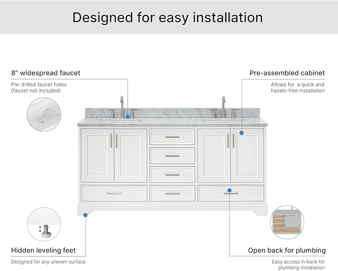 ARIEL Stafford 72-inch Bathroom Vanity with Sink,Solid Wood, 0.75-inch Italian Carrara Marble Countertop, Double Rectangular Porcelain Sink, 4 Soft Closing Doors, 6 Dovetail Drawers, White