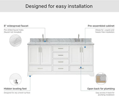 ARIEL Stafford 72-inch Bathroom Vanity with Sink,Solid Wood, 0.75-inch Italian Carrara Marble Countertop, Double Rectangular Porcelain Sink, 4 Soft Closing Doors, 6 Dovetail Drawers, White