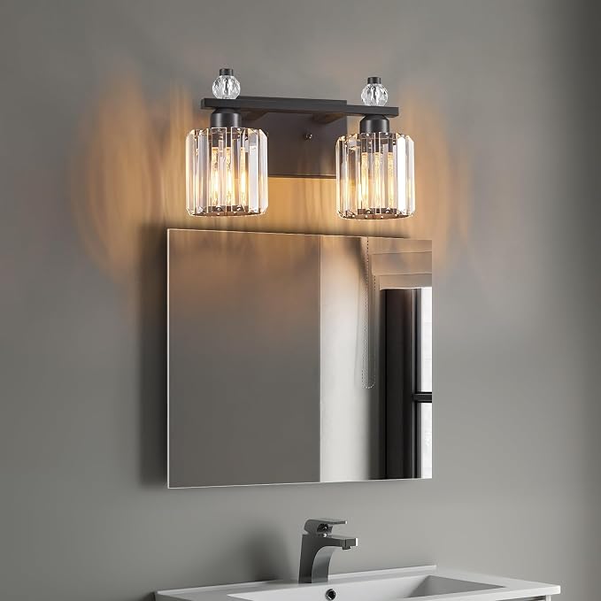 Bathroom Vanity Lights 2-Light Sand Black Modern Crystal Vanity Light Fixtures Over Mirror Crystal Bathroom Vanity Lighting Fixtures