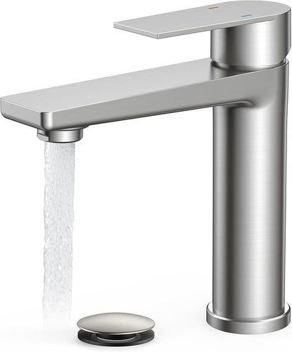 FORIOUS Brushed Nickel Bathroom Faucet 1 Hole, Single Handle Single Hole Bathroom Faucet Brushed Nickel with Deck Plate and Pop Up Drain, CUPC Hoses for One Handle Vanity Sink, Rv, Camper, Farmhouse
