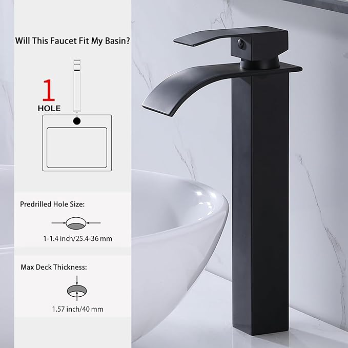 VAPSINT Vessel Sink Faucet, Matte Black Waterfall Tall Bathroom Faucet 1 Hole, Modern Single Handle Stainless Steel Bathroom Sink Faucet with Water Supply Lines & Pop Up Drain