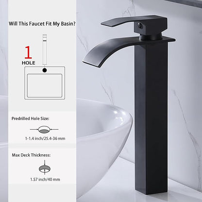 VAPSINT Vessel Sink Faucet, Matte Black Waterfall Tall Bathroom Faucet 1 Hole, Modern Single Handle Stainless Steel Bathroom Sink Faucet with Water Supply Lines & Pop Up Drain